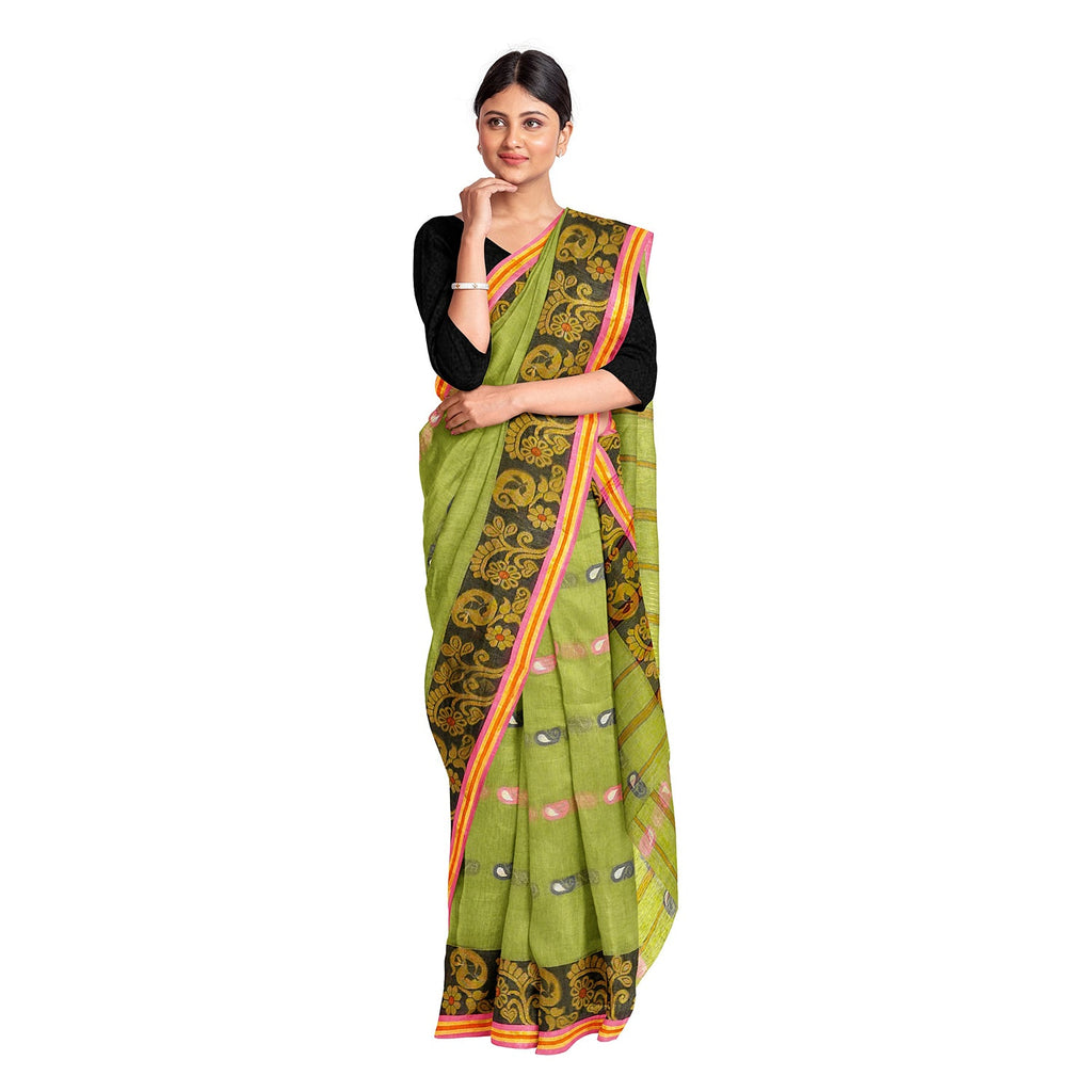 Exclusive Collection 100% Pure Cotton Light Green Tant Saree With Hand Weaving Work