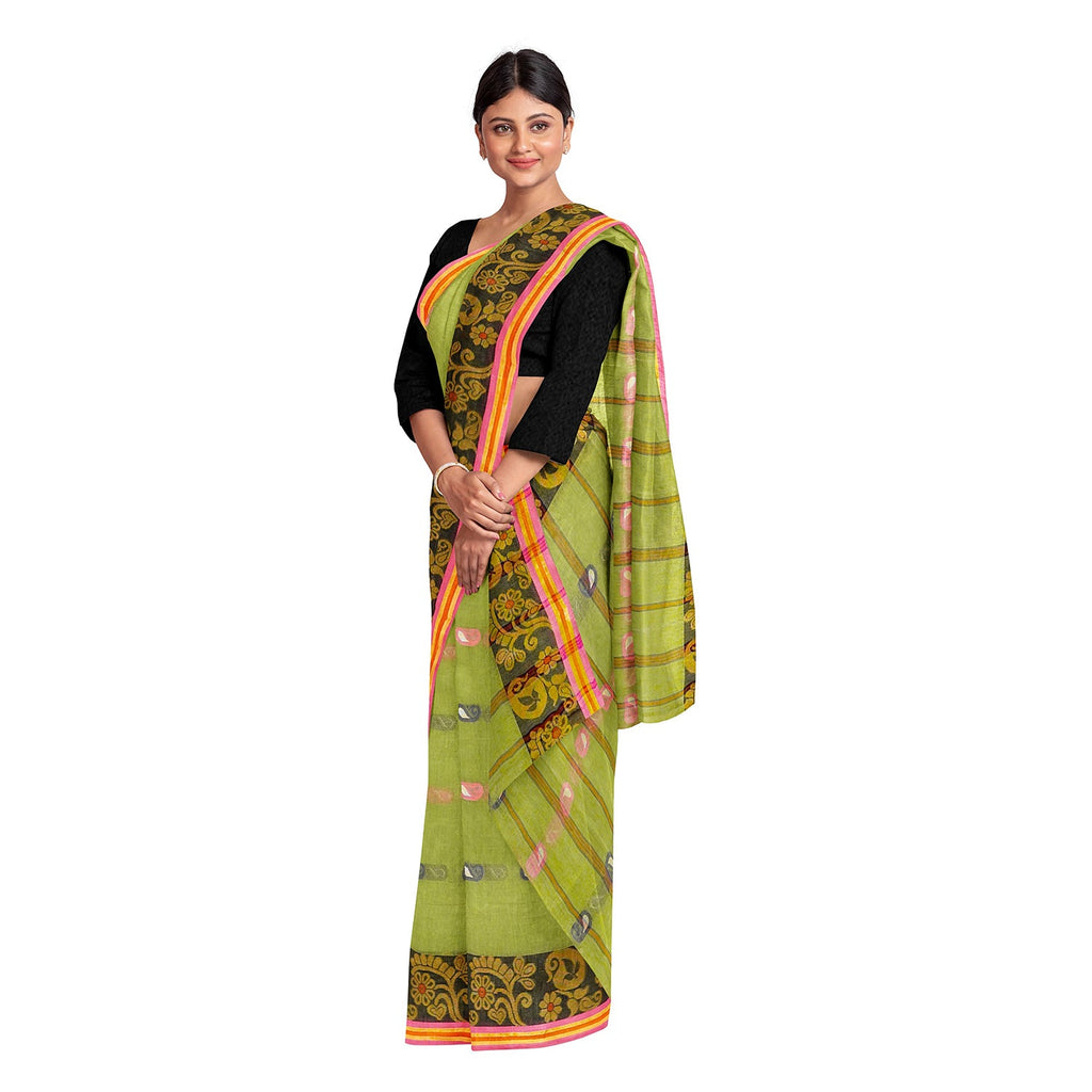 Exclusive Collection 100% Pure Cotton Light Green Tant Saree With Hand Weaving Work