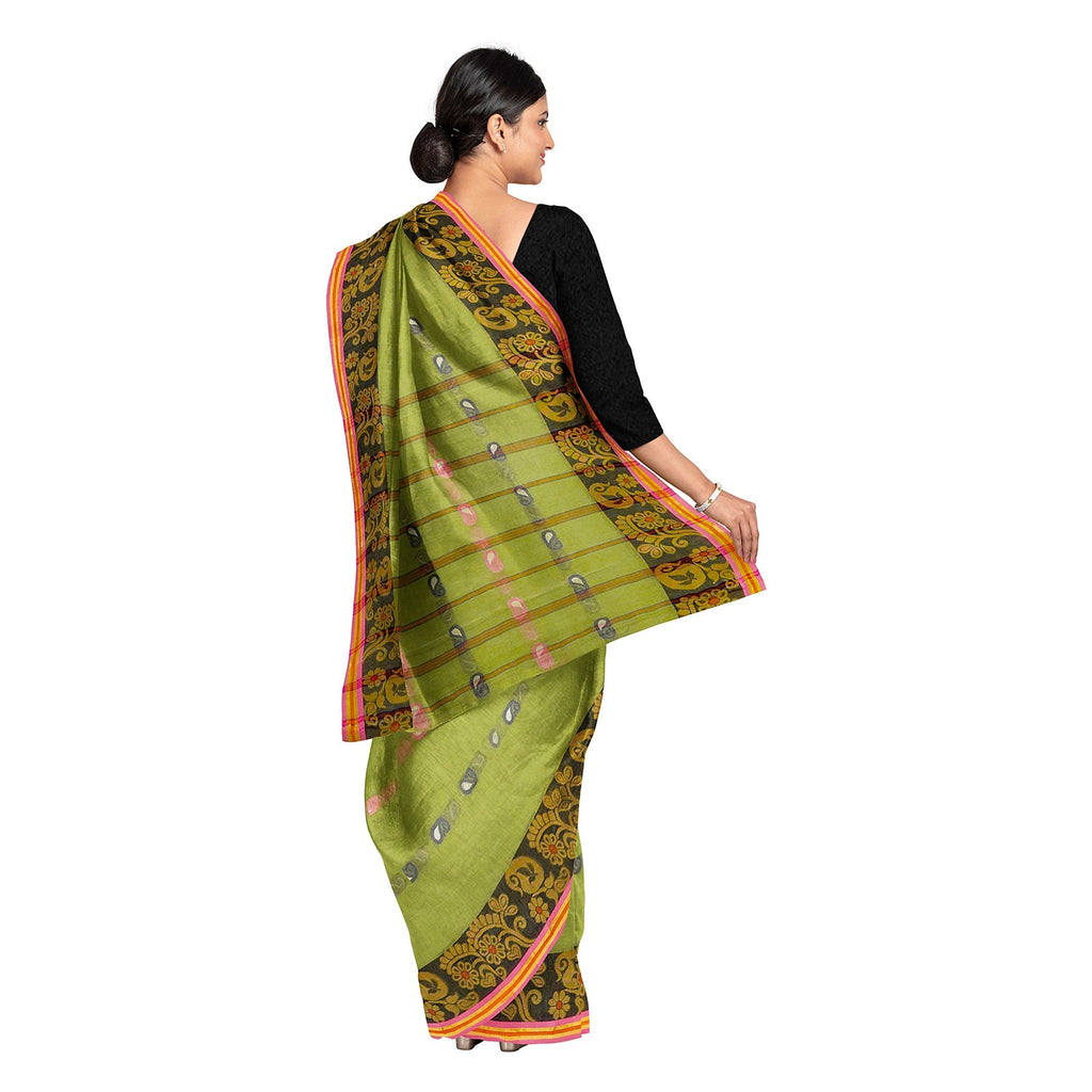 Exclusive Collection 100% Pure Cotton Light Green Tant Saree With Hand Weaving Work