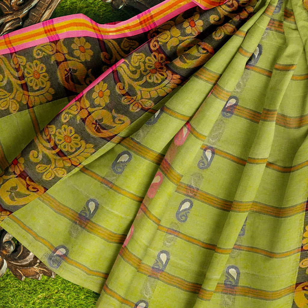 Exclusive Collection 100% Pure Cotton Light Green Tant Saree With Hand Weaving Work