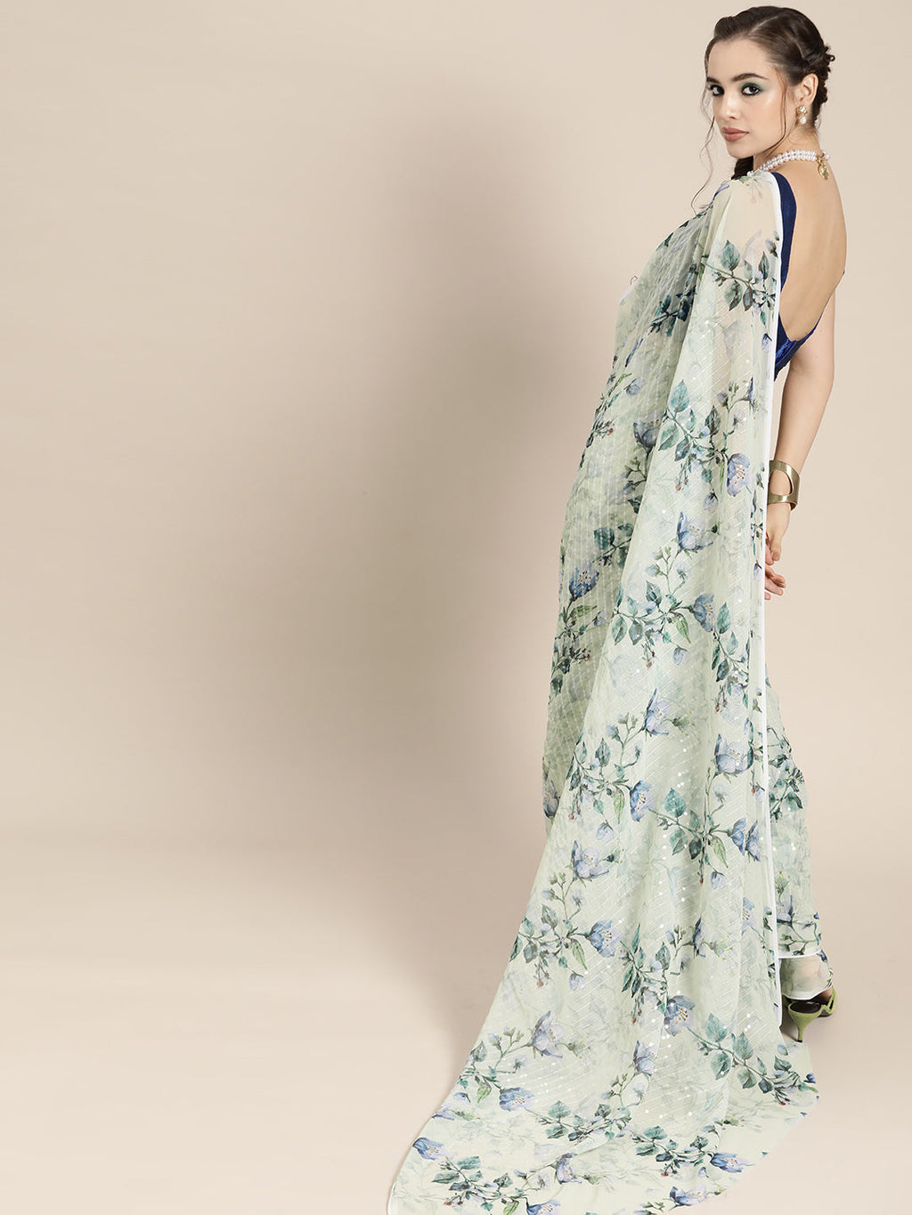 Saree Mall Blue Floral Sequinned Linen Blend Chanderi Saree