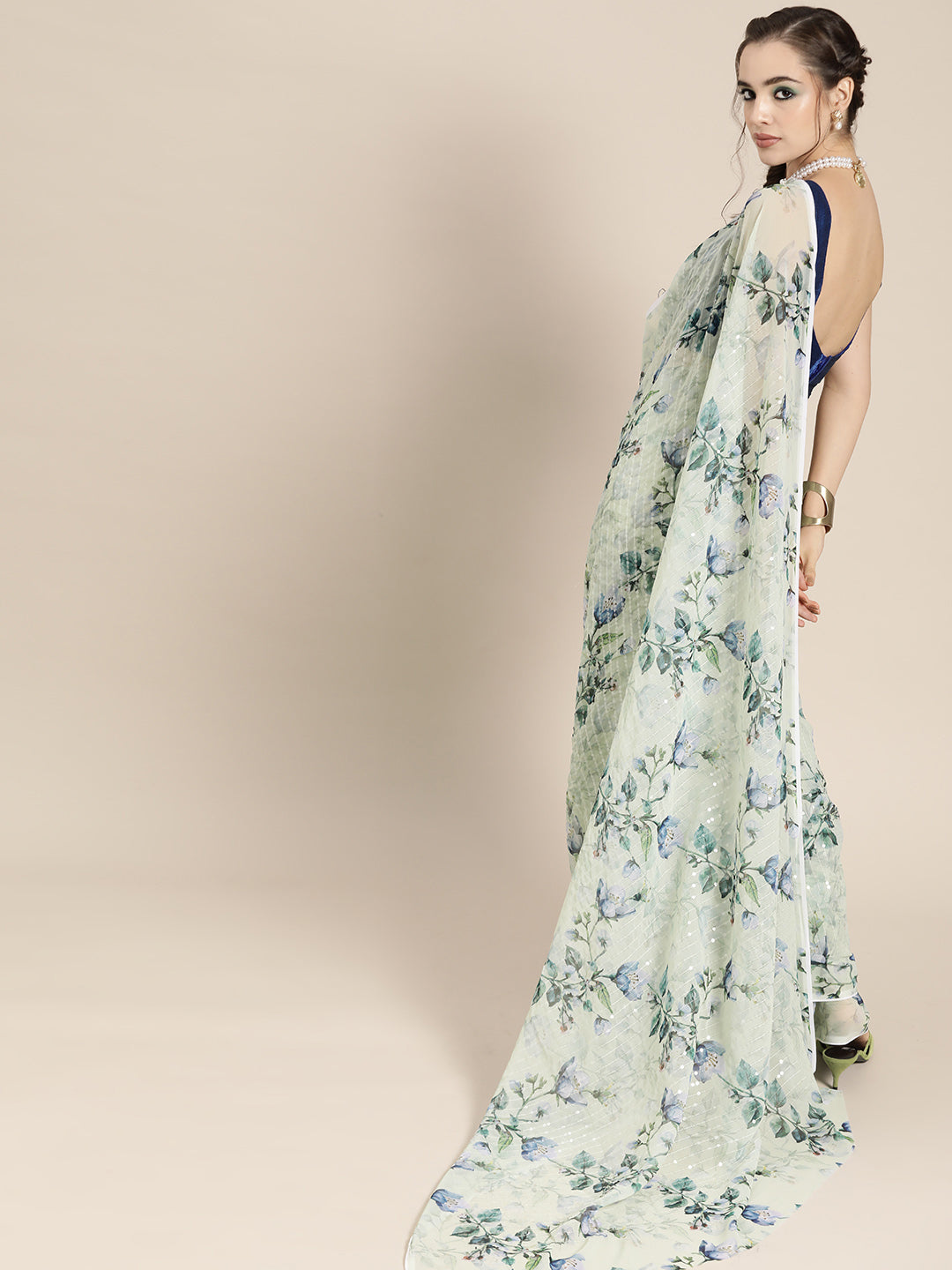 Saree Mall Blue Floral Sequinned Linen Blend Chanderi Saree