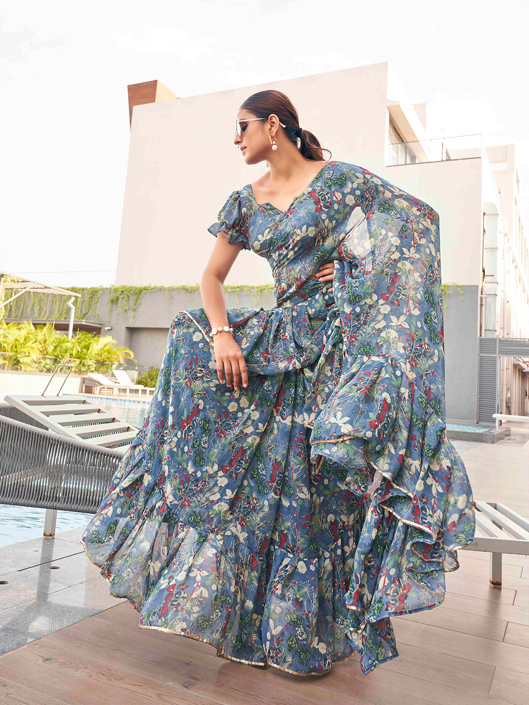 Tikhi Imli Floral printed ruffled saree