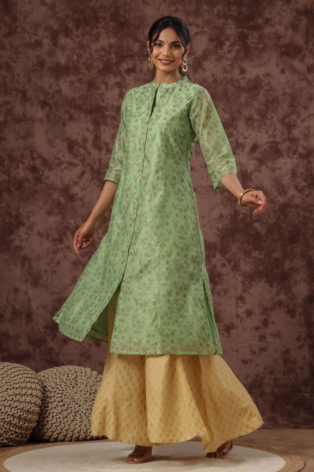 Juniper Womens Pistagreen Chanderi Foil Printed Kurta