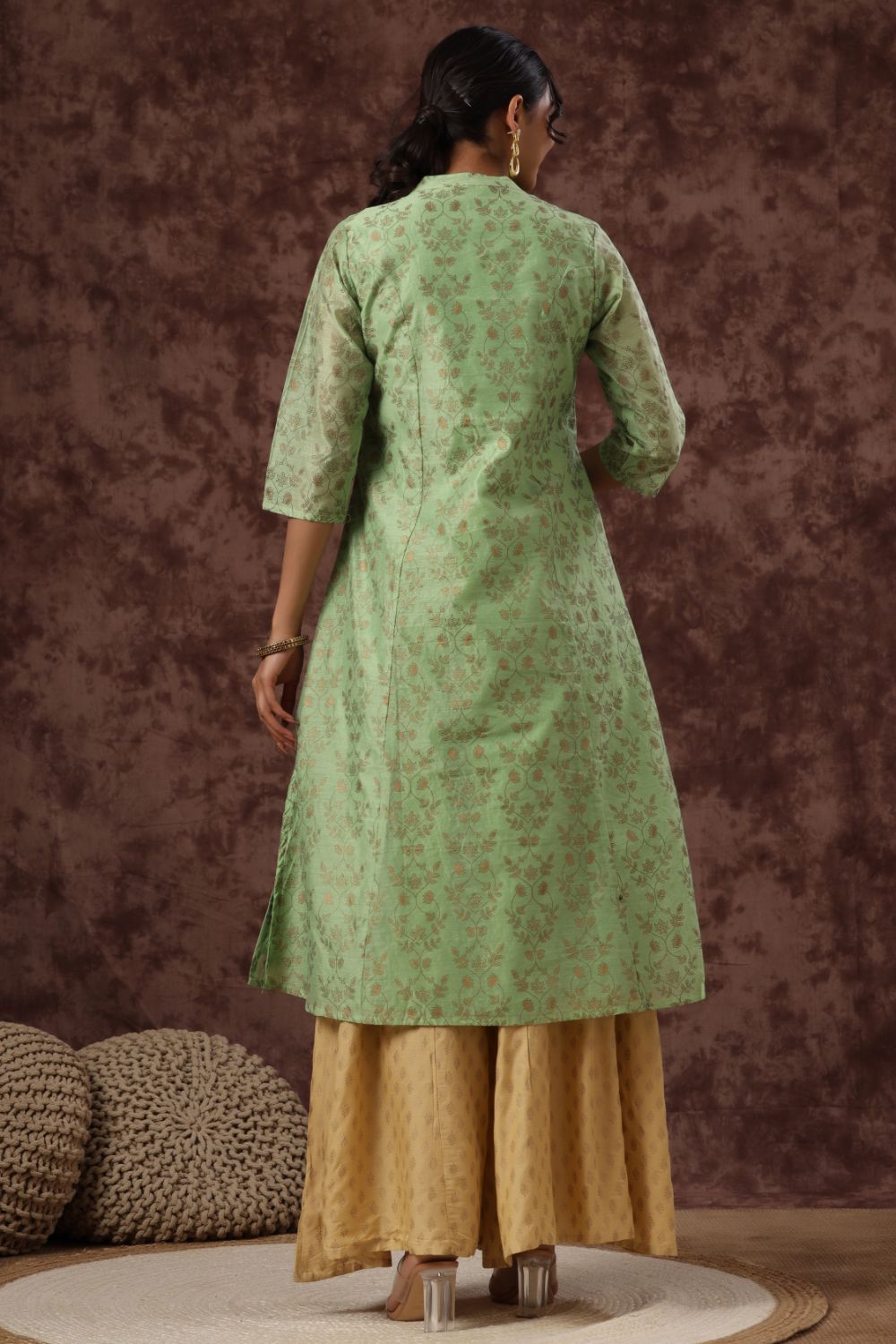 Juniper Womens Pistagreen Chanderi Foil Printed Kurta