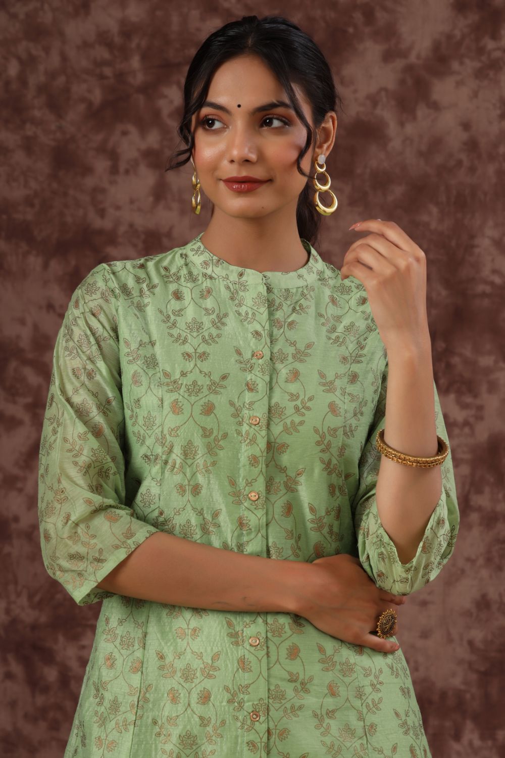 Juniper Womens Pistagreen Chanderi Foil Printed Kurta