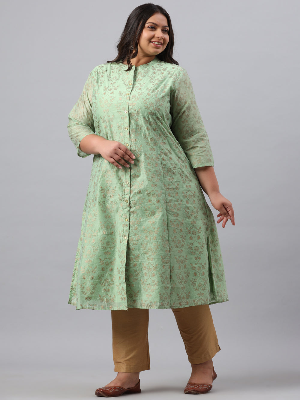 Juniper Women`s Pistagreen Chanderi Silk Printed A-Line Kurta