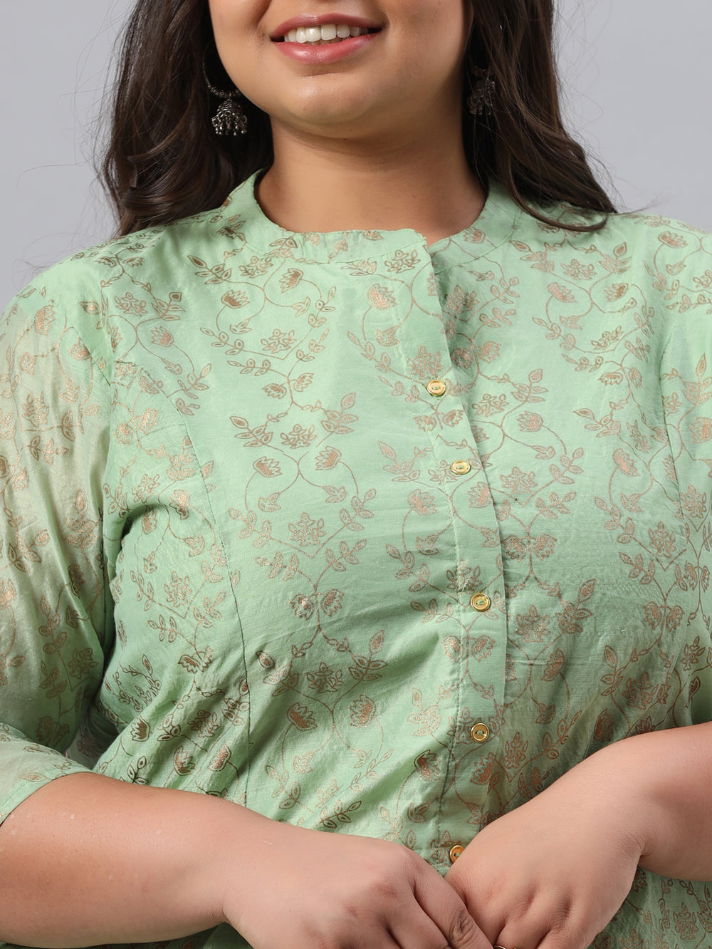 Juniper Women`s Pistagreen Chanderi Silk Printed A-Line Kurta