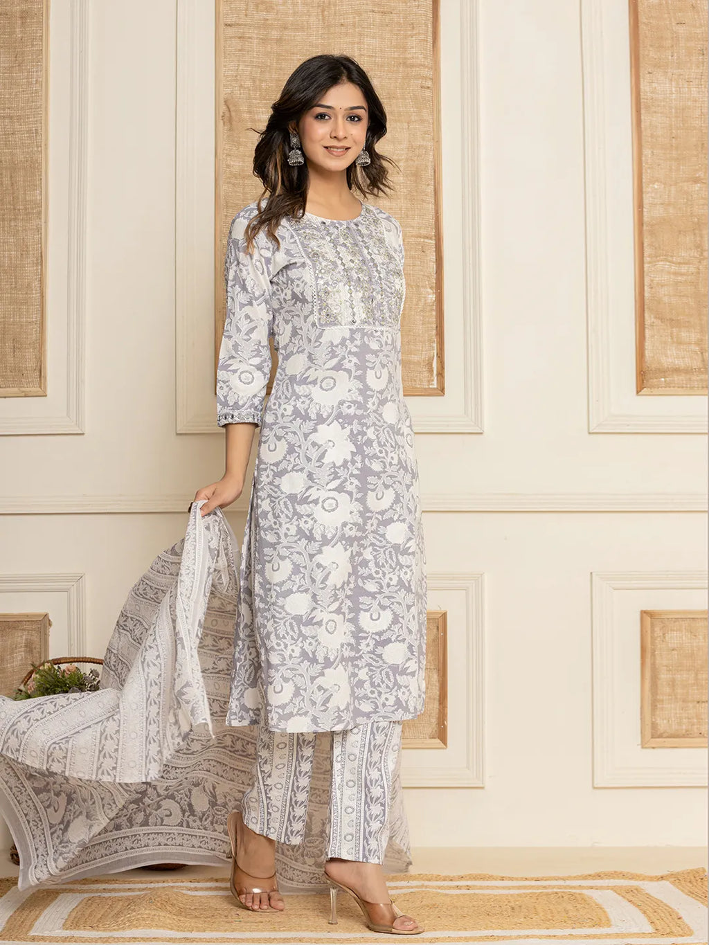 Yufta White Thread_Work Rayon Straight Kurta And Trouser With Dupatta