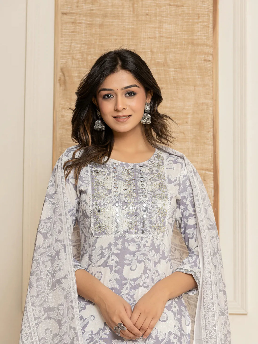Yufta White Thread_Work Rayon Straight Kurta And Trouser With Dupatta