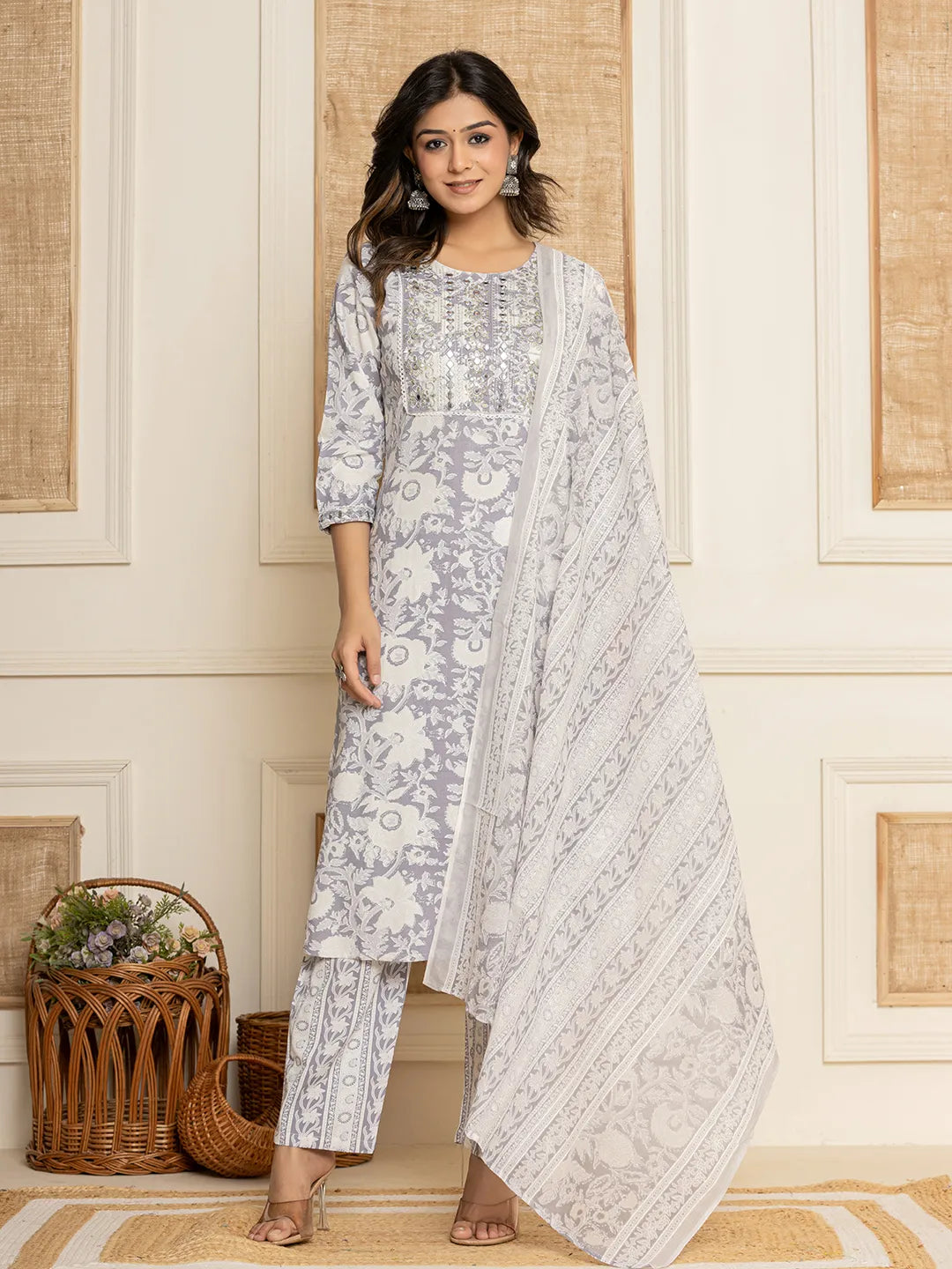 Yufta White Thread_Work Rayon Straight Kurta And Trouser With Dupatta