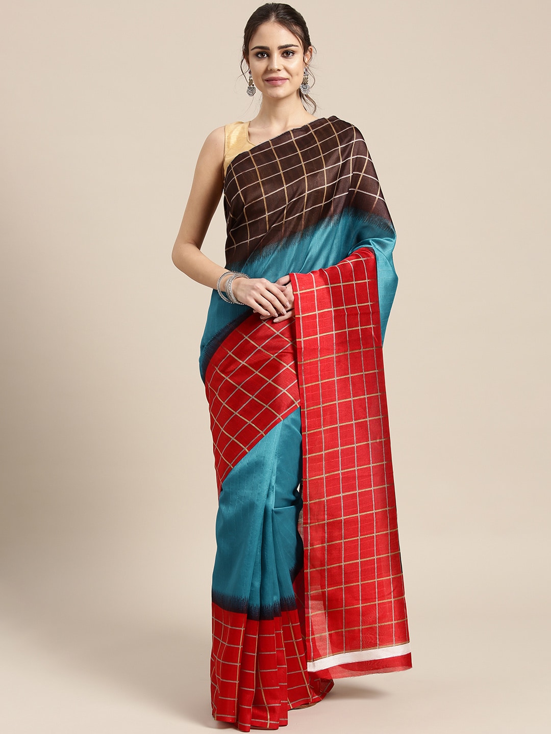 Saree Mall Blue & Red Checked Bhagalpuri Saree