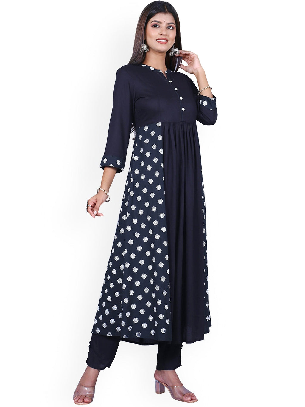 HERE&NOW Women Black Printed Anarkali Empire Kurta with Trousers