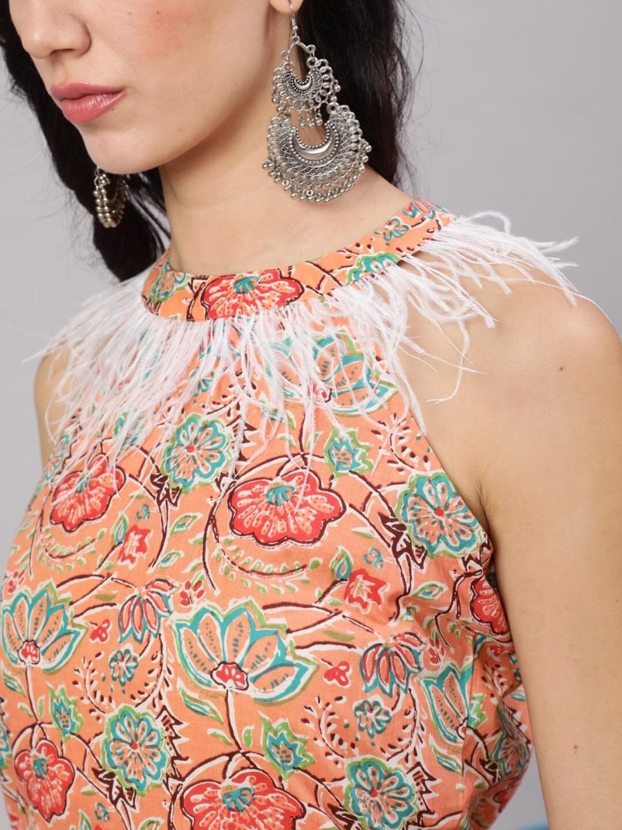 Aks Ethnic Motifs Printed Halter Neck Cotton Kurta