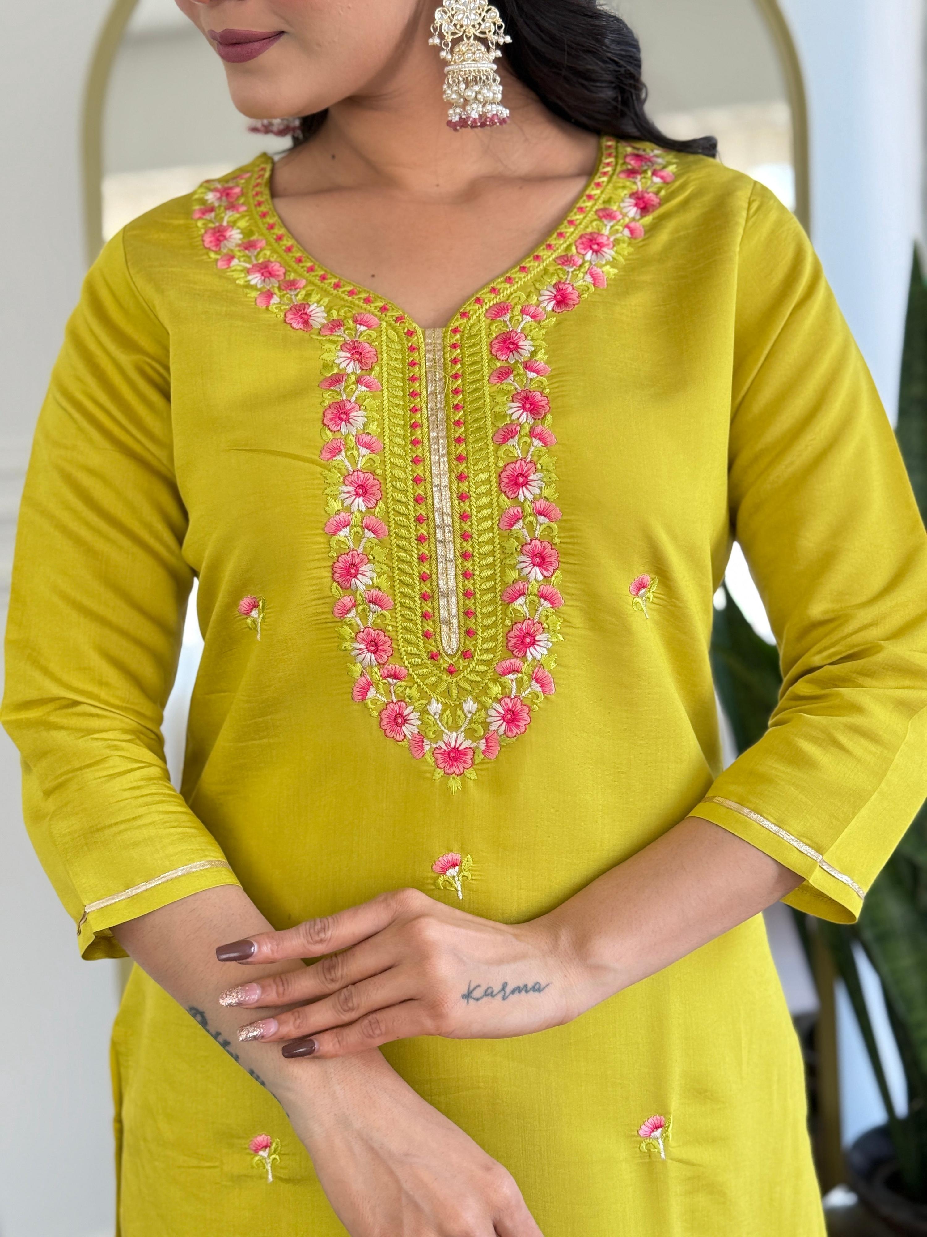 The52 Women's Gorgeous Rayon Embroidery work Straight Kurta with Pant and Dupatta Set