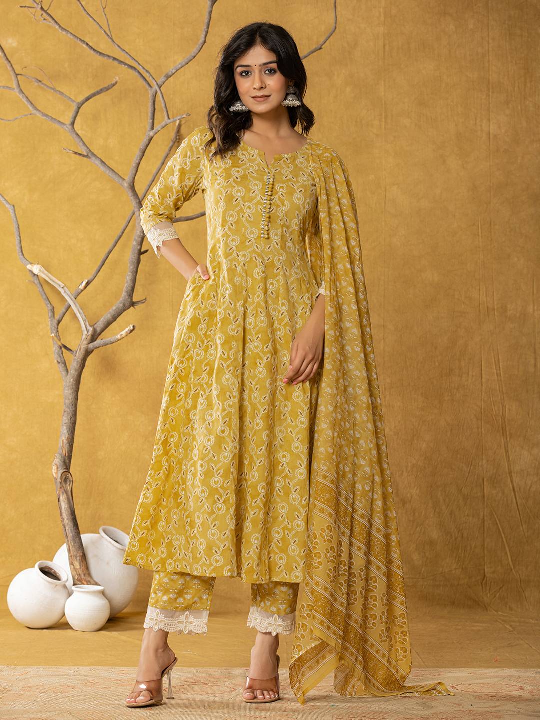 Yufta Mustard Lace-Work Cotton Anarkali Kurta & Trouser Dupatta Set