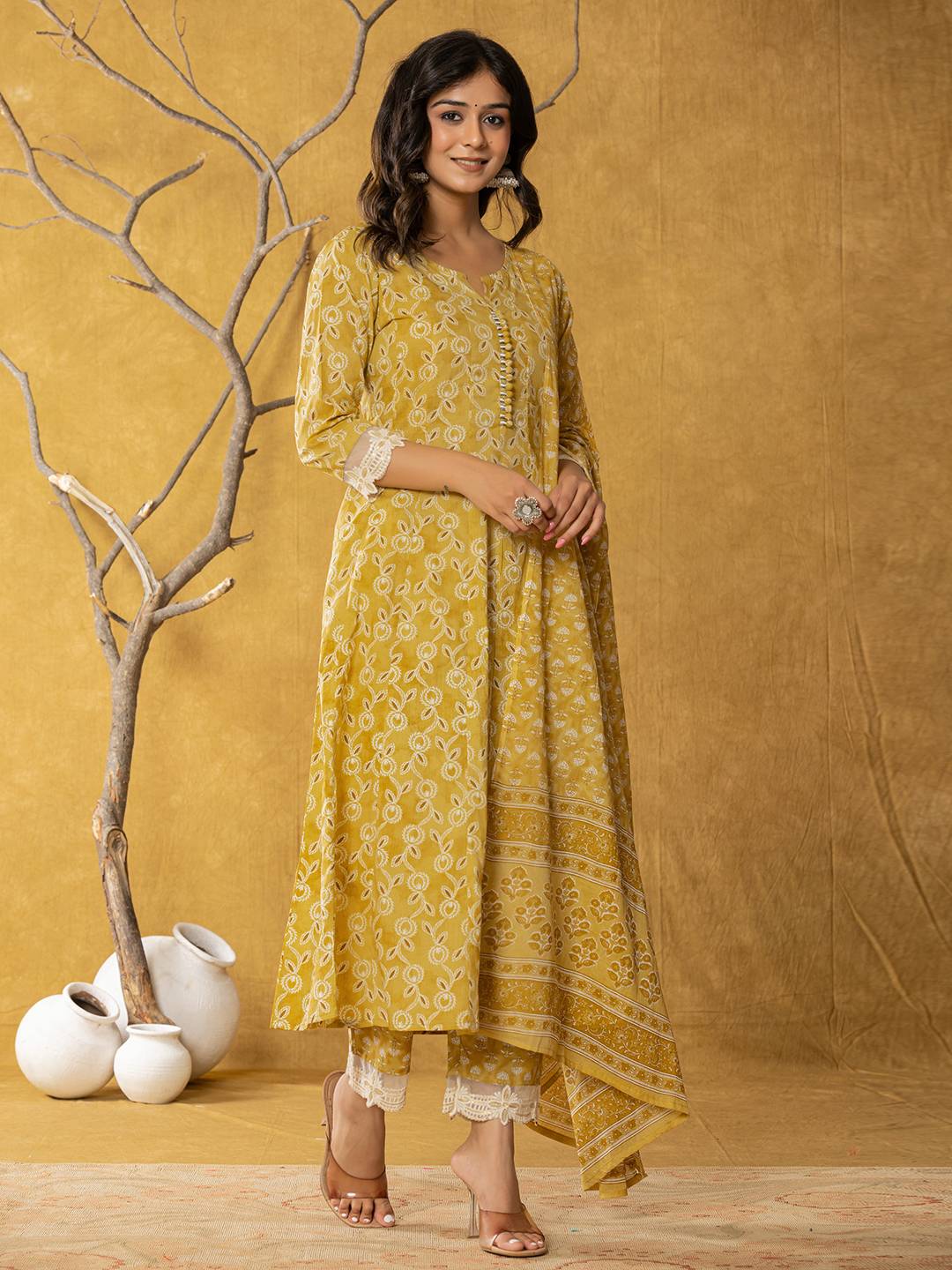 Yufta Mustard Lace-Work Cotton Anarkali Kurta & Trouser Dupatta Set
