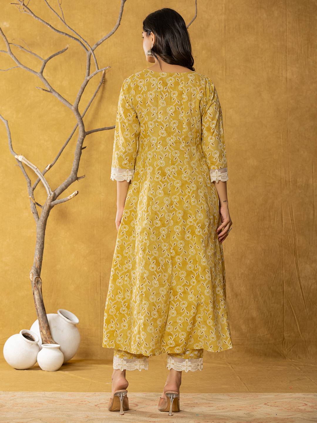 Yufta Mustard Lace-Work Cotton Anarkali Kurta & Trouser Dupatta Set