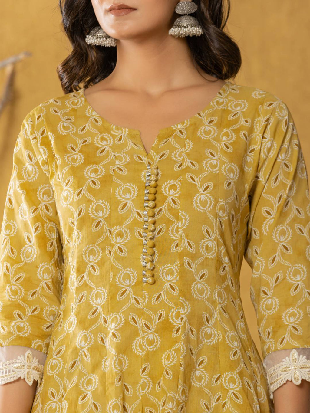 Yufta Mustard Lace-Work Cotton Anarkali Kurta & Trouser Dupatta Set