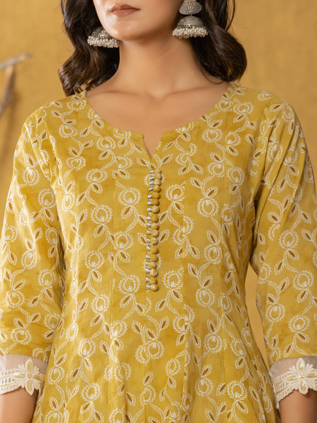 Yufta Mustard Lace-Work Cotton Anarkali Kurta & Trouser Dupatta Set