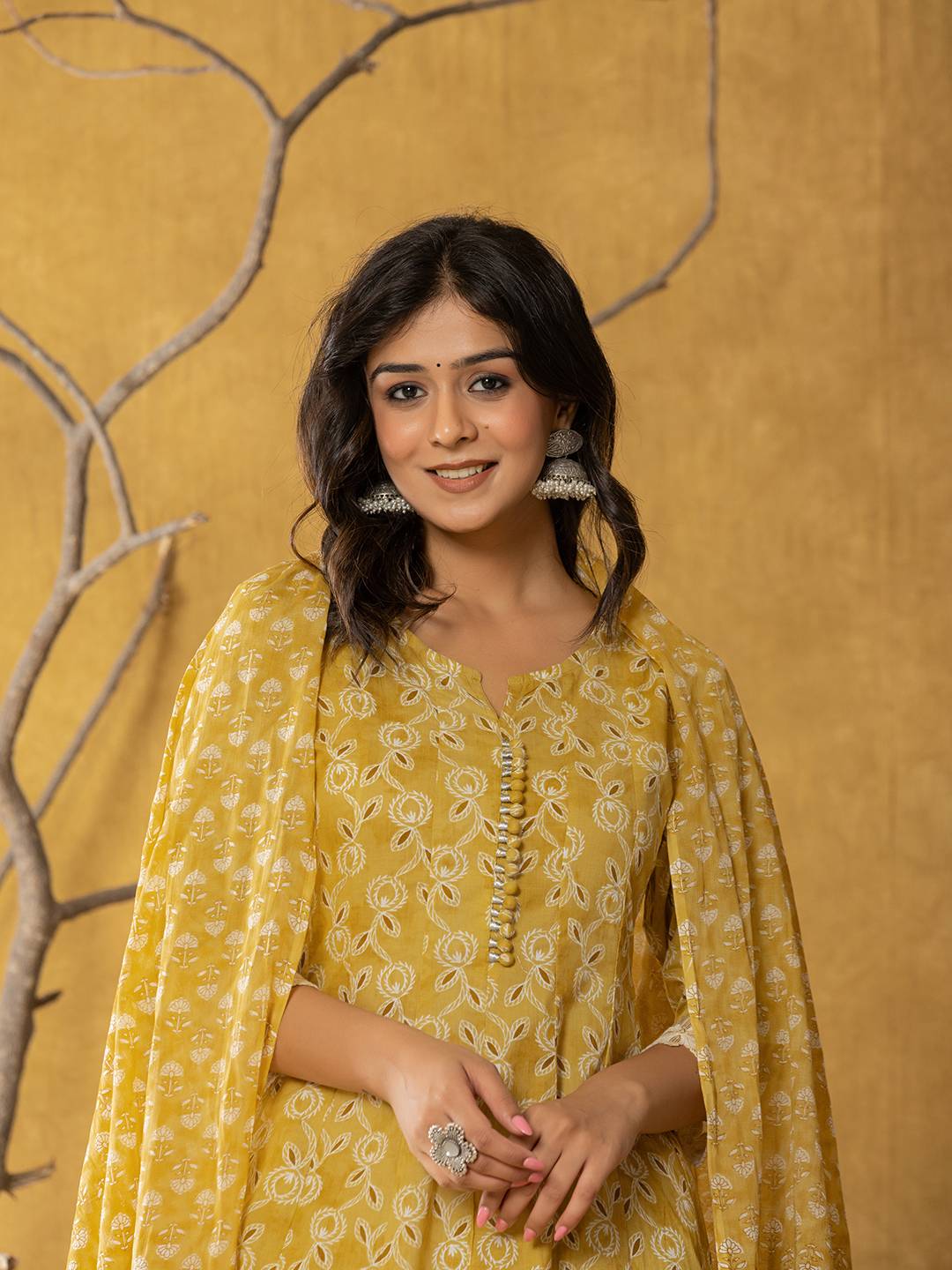 Yufta Mustard Lace-Work Cotton Anarkali Kurta & Trouser Dupatta Set