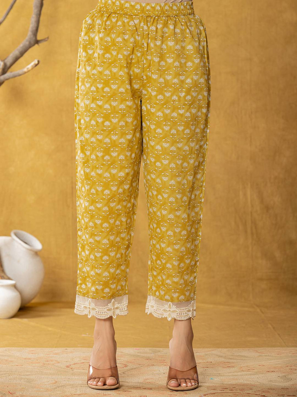 Yufta Mustard Lace-Work Cotton Anarkali Kurta & Trouser Dupatta Set