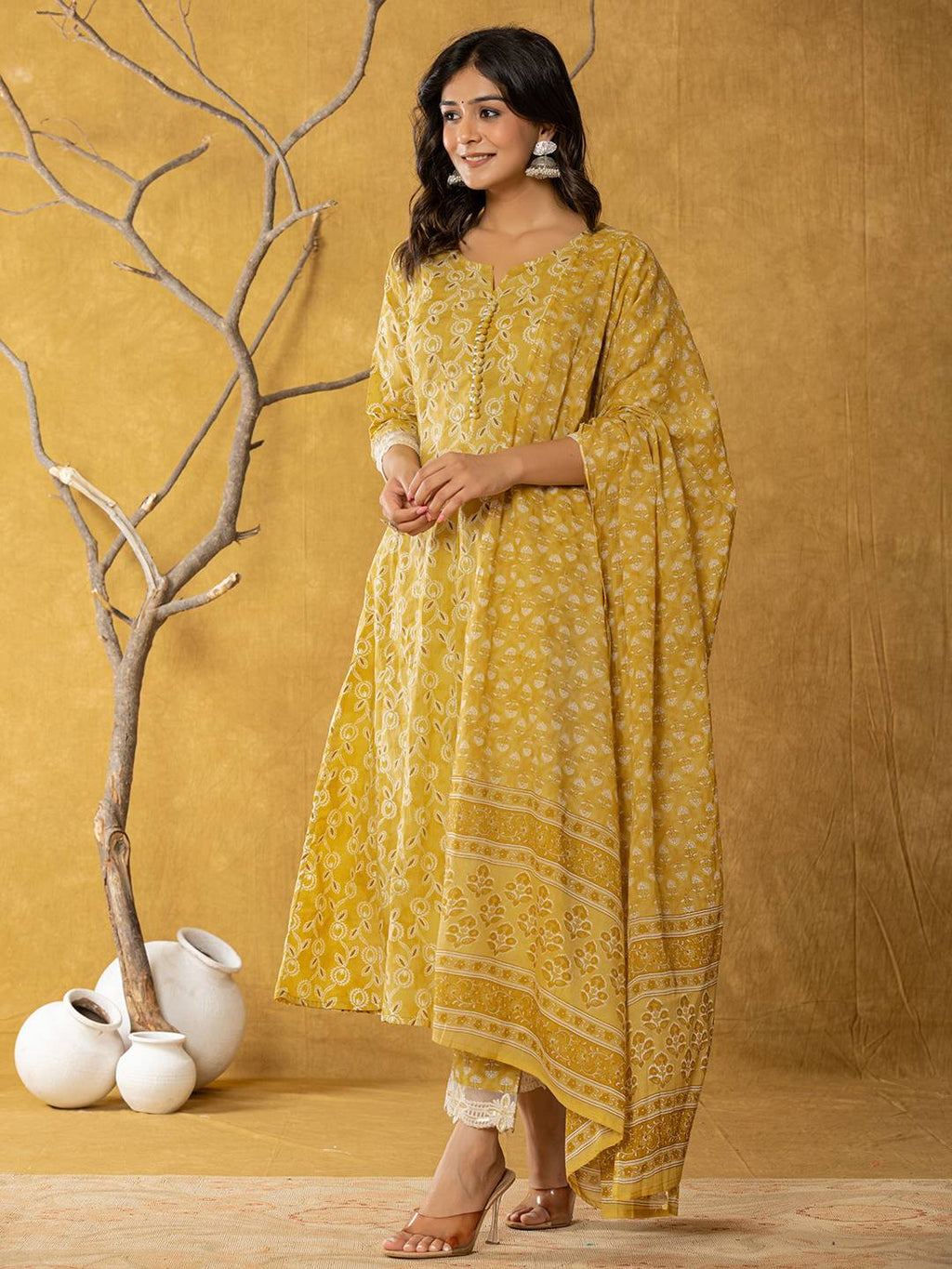 Yufta Mustard Lace-Work Cotton Anarkali Kurta & Trouser Dupatta Set