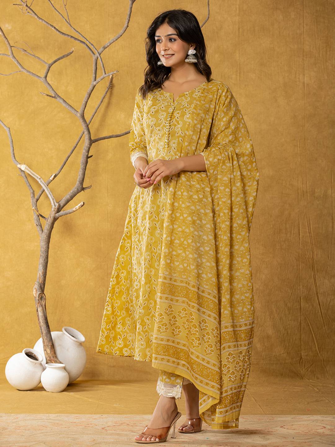 Yufta Mustard Lace-Work Cotton Anarkali Kurta & Trouser Dupatta Set