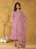 Yufta Pink Lace-Work Cotton Anarkali Kurta & Trouser Dupatta Set