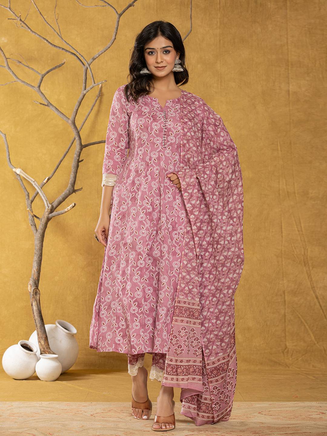 Yufta Pink Lace-Work Cotton Anarkali Kurta & Trouser Dupatta Set