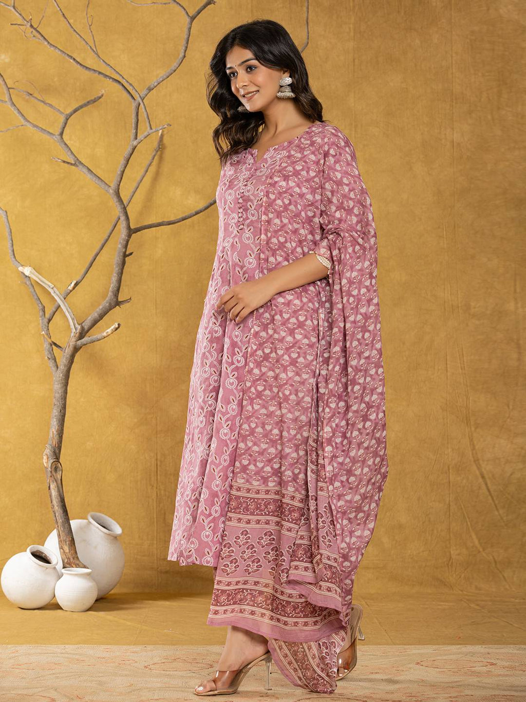 Yufta Pink Lace-Work Cotton Anarkali Kurta & Trouser Dupatta Set