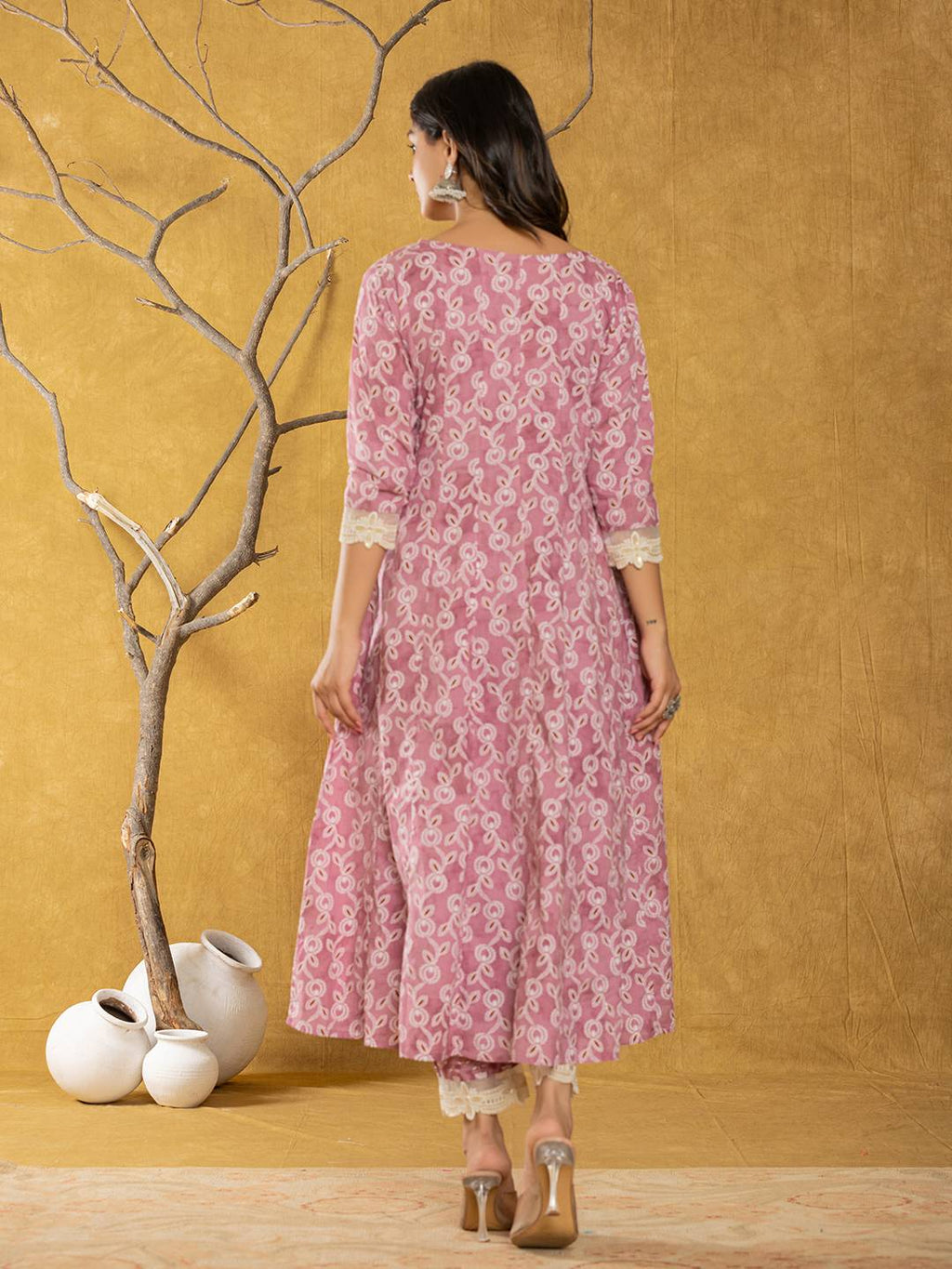 Yufta Pink Lace-Work Cotton Anarkali Kurta & Trouser Dupatta Set