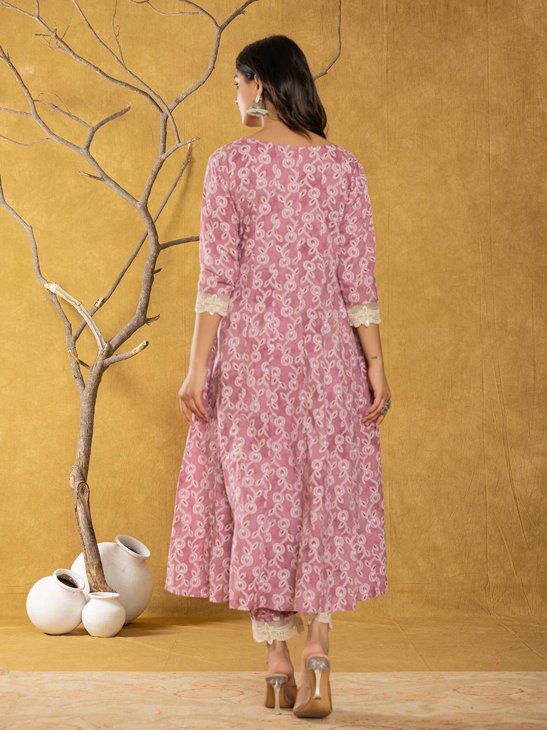 Yufta Pink Lace-Work Cotton Anarkali Kurta & Trouser Dupatta Set
