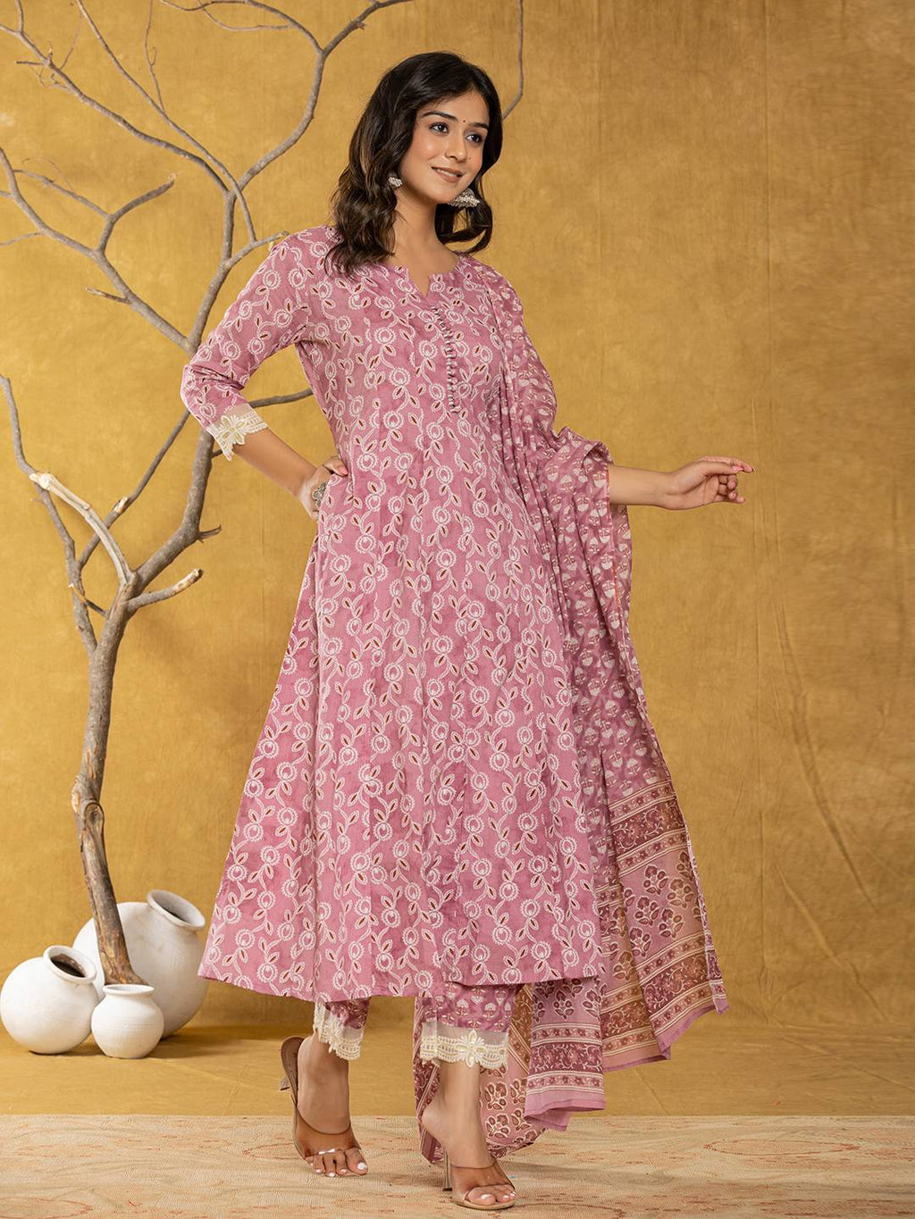 Yufta Pink Lace-Work Cotton Anarkali Kurta & Trouser Dupatta Set