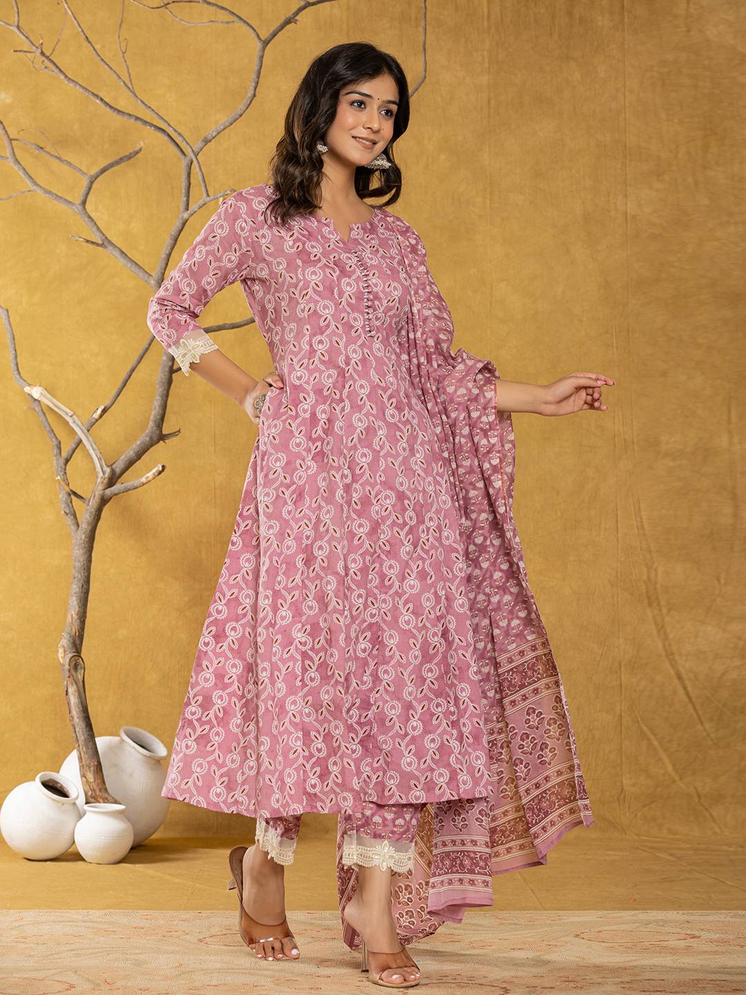 Yufta Pink Lace-Work Cotton Anarkali Kurta & Trouser Dupatta Set