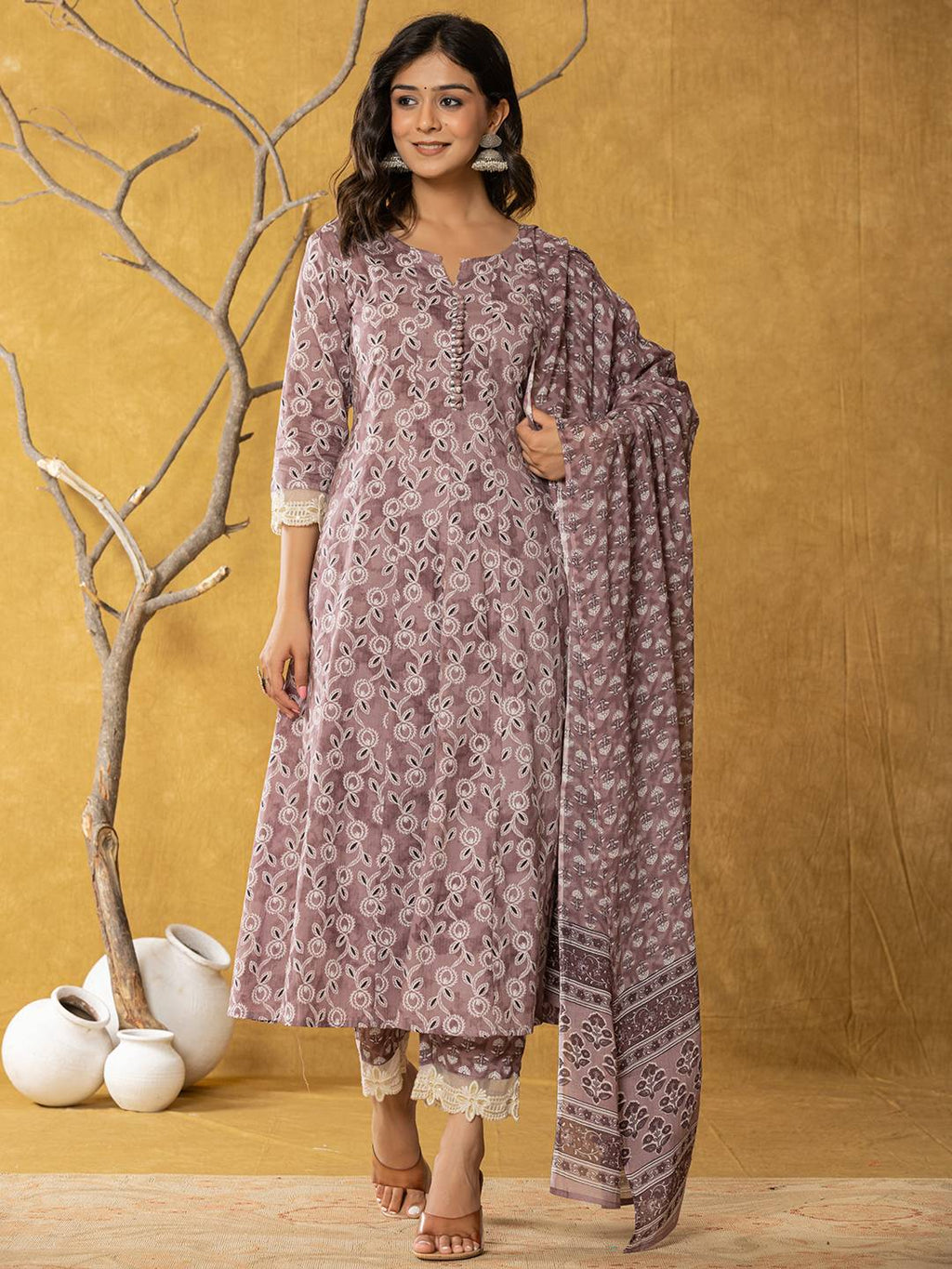 Yufta Purple Lace-Work Cotton Anarkali Kurta & Trouser Dupatta Set