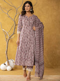 Yufta Purple Lace-Work Cotton Anarkali Kurta & Trouser Dupatta Set