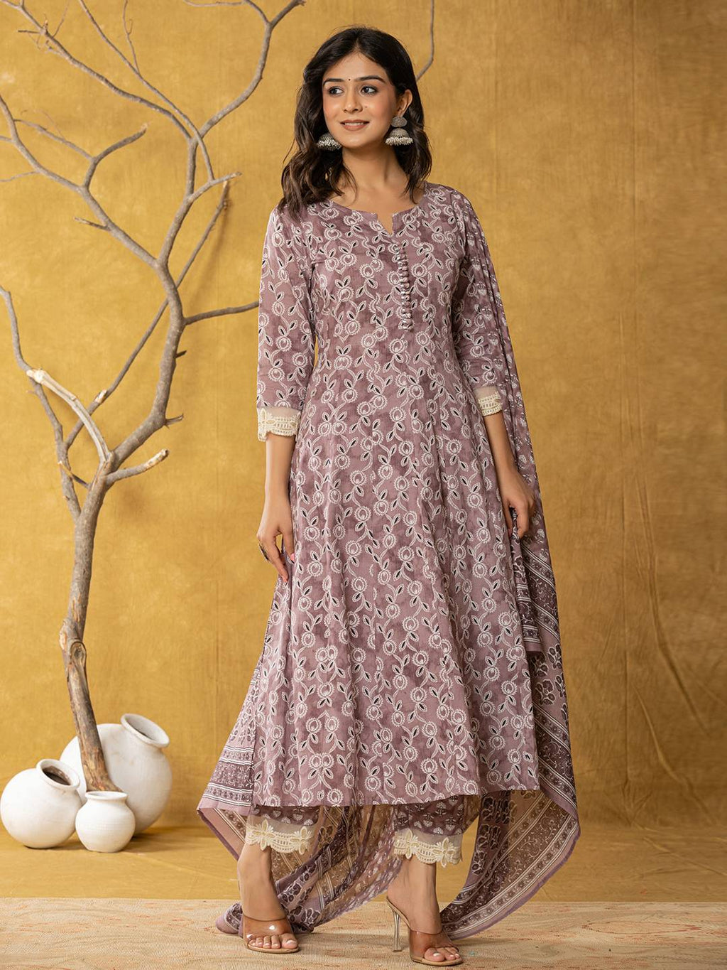 Yufta Purple Lace-Work Cotton Anarkali Kurta & Trouser Dupatta Set
