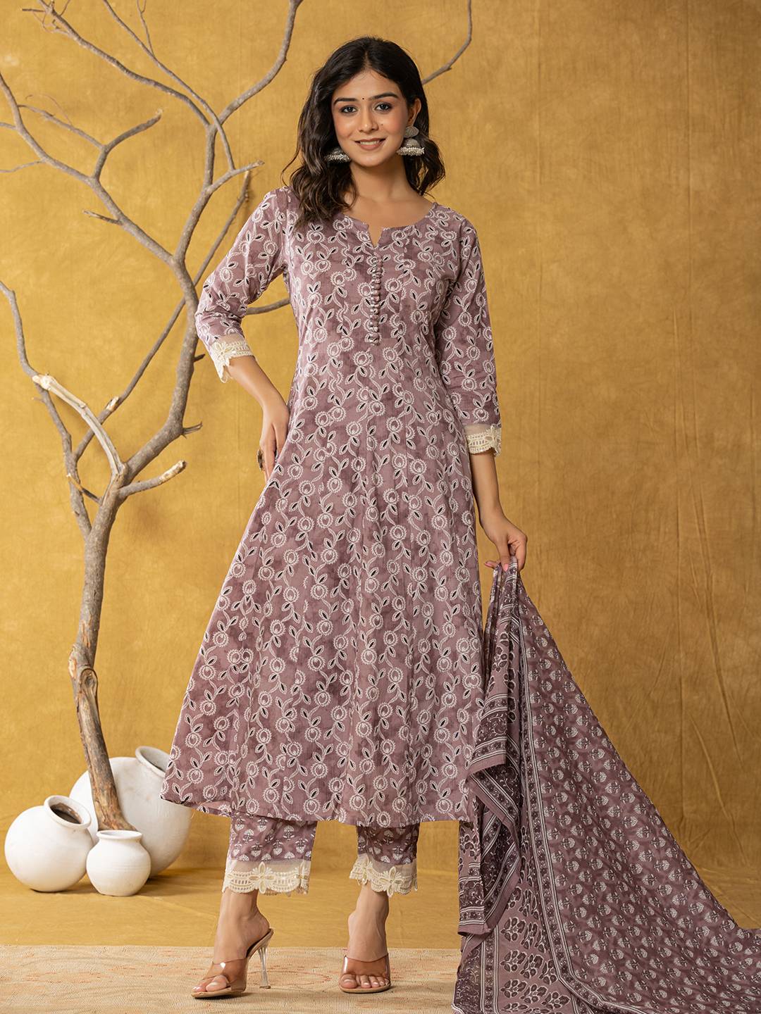 Yufta Purple Lace-Work Cotton Anarkali Kurta & Trouser Dupatta Set