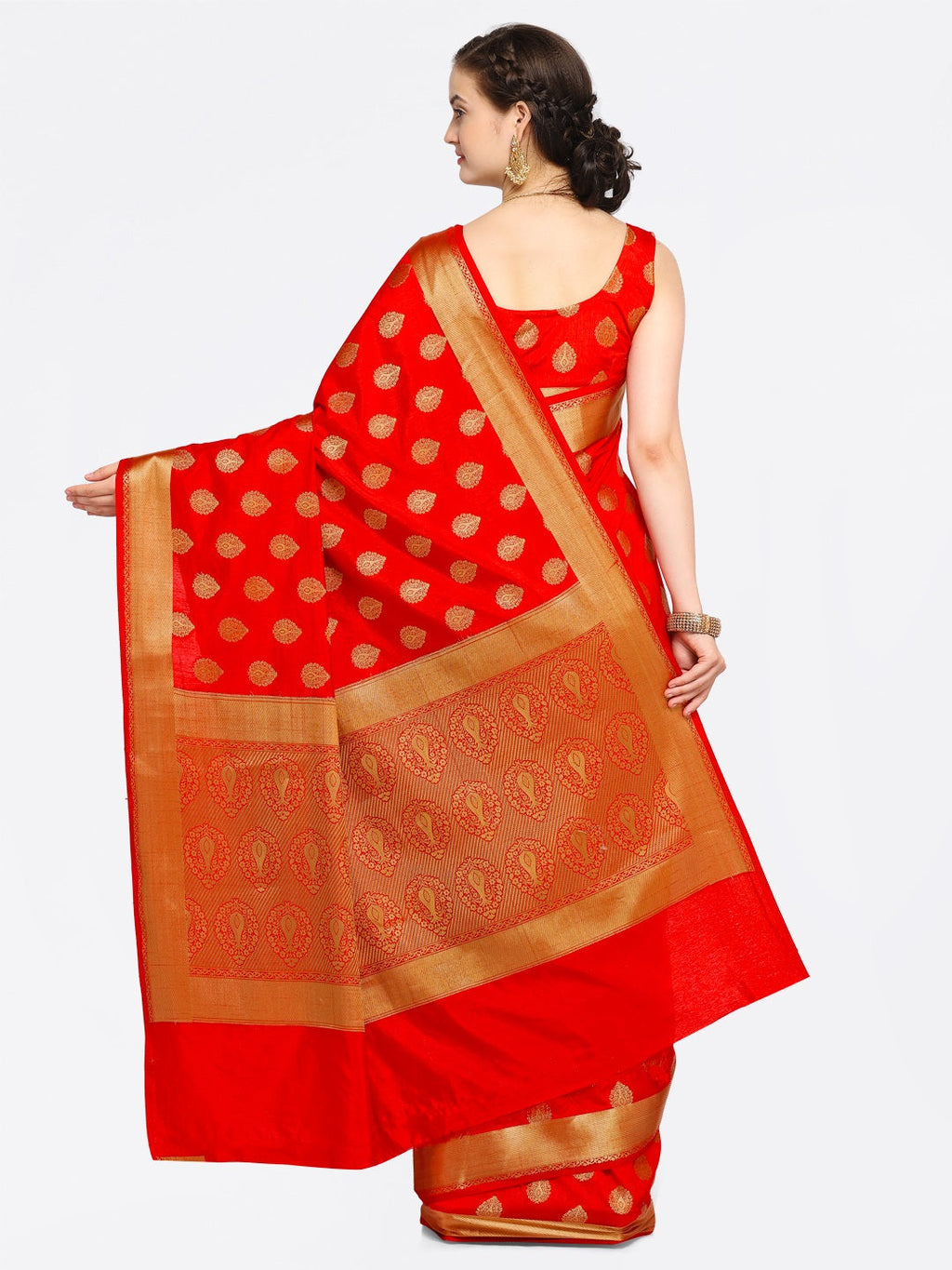 Saree Mall Red Silk Blend Woven Design Kanjeevaram Saree