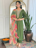 The52 Women's Gorgeous Rayon Embroidery work Straight Kurta with Pant and Dupatta Set
