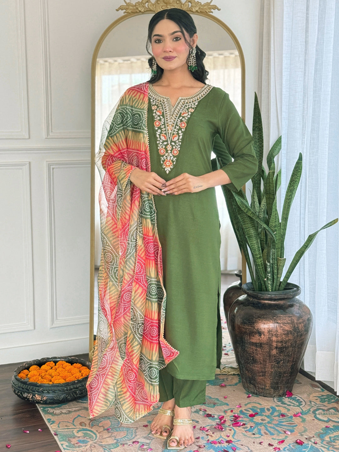 The52 Women's Gorgeous Rayon Embroidery work Straight Kurta with Pant and Dupatta Set