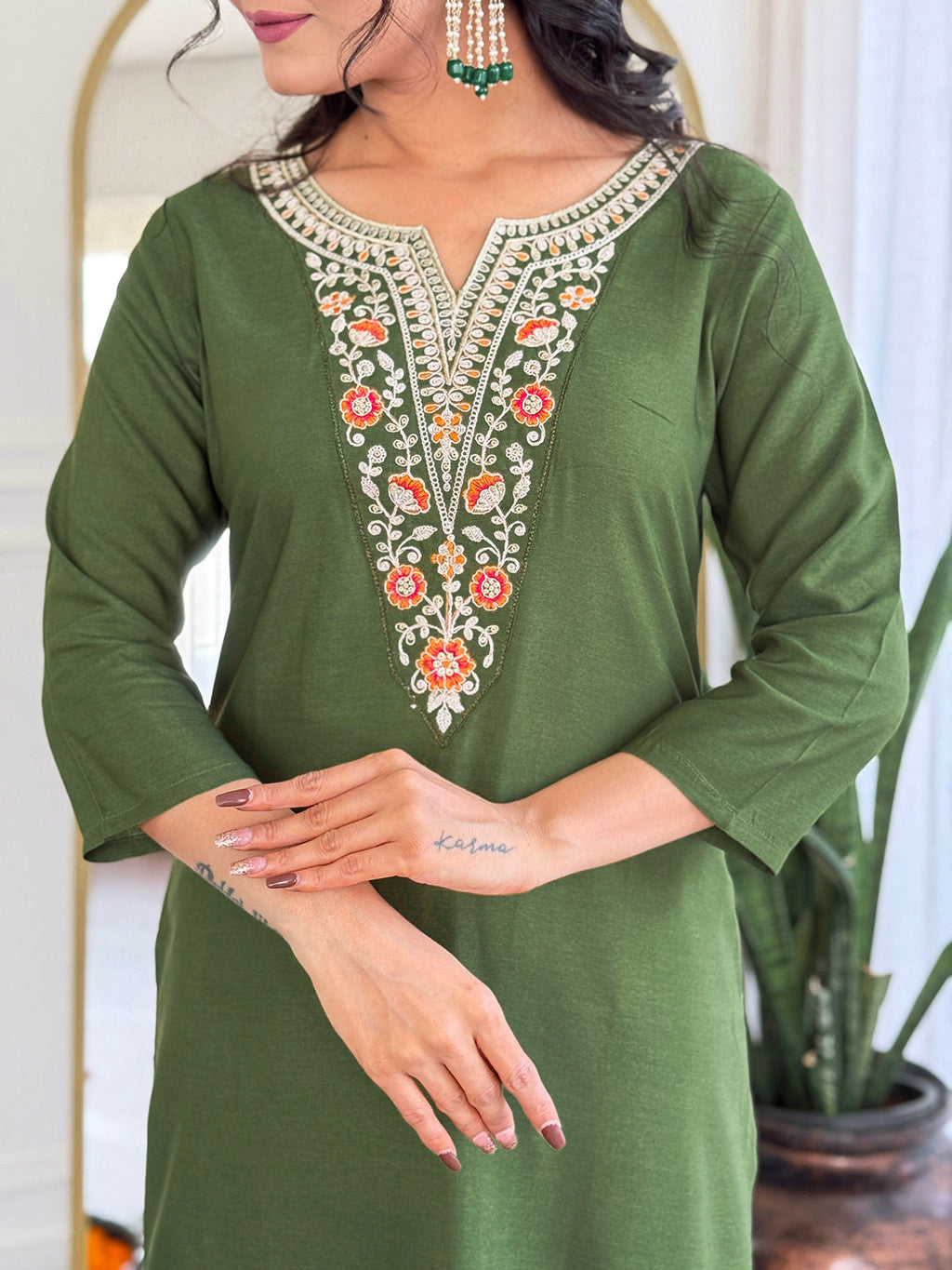 The52 Women's Gorgeous Rayon Embroidery work Straight Kurta with Pant and Dupatta Set