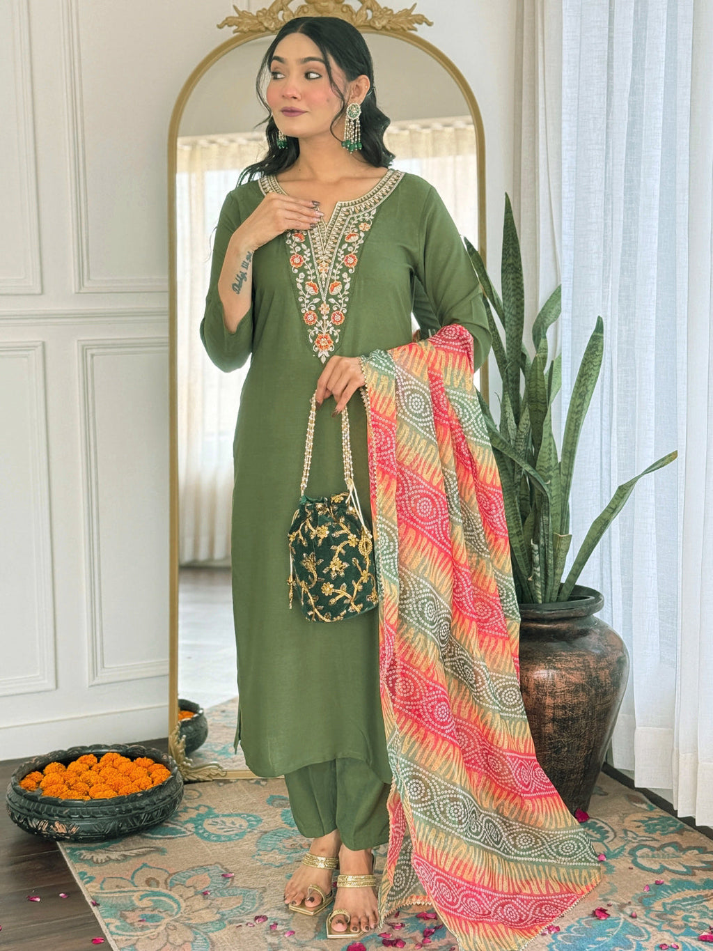 The52 Women's Gorgeous Rayon Embroidery work Straight Kurta with Pant and Dupatta Set