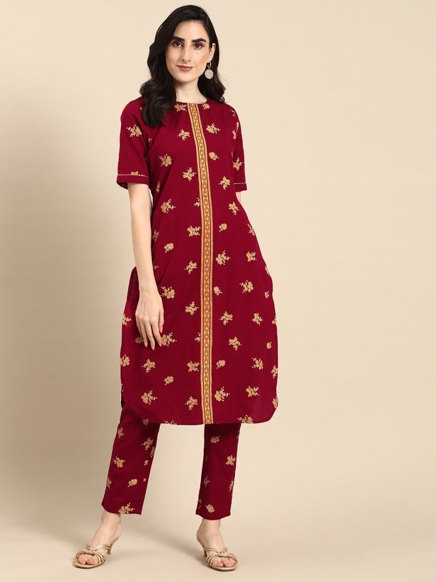All About You Women Maroon & Mustard Yellow Floral Printed Pure Cotton Kurta with Trousers