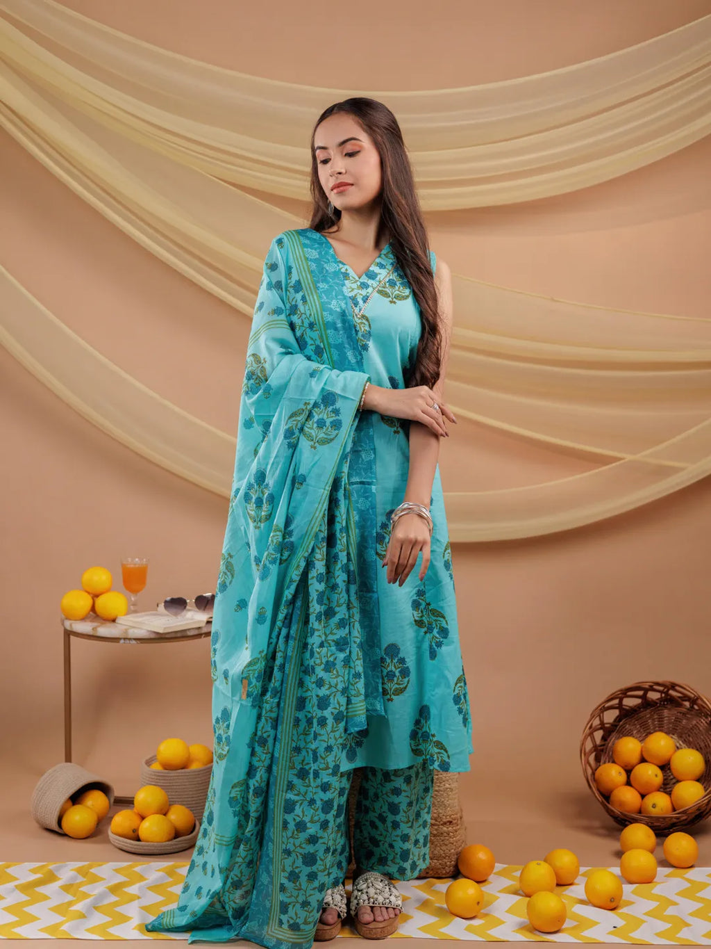 Yufta Blue Floral Print Pure Cotton A-Line Kurta Dupatta Set