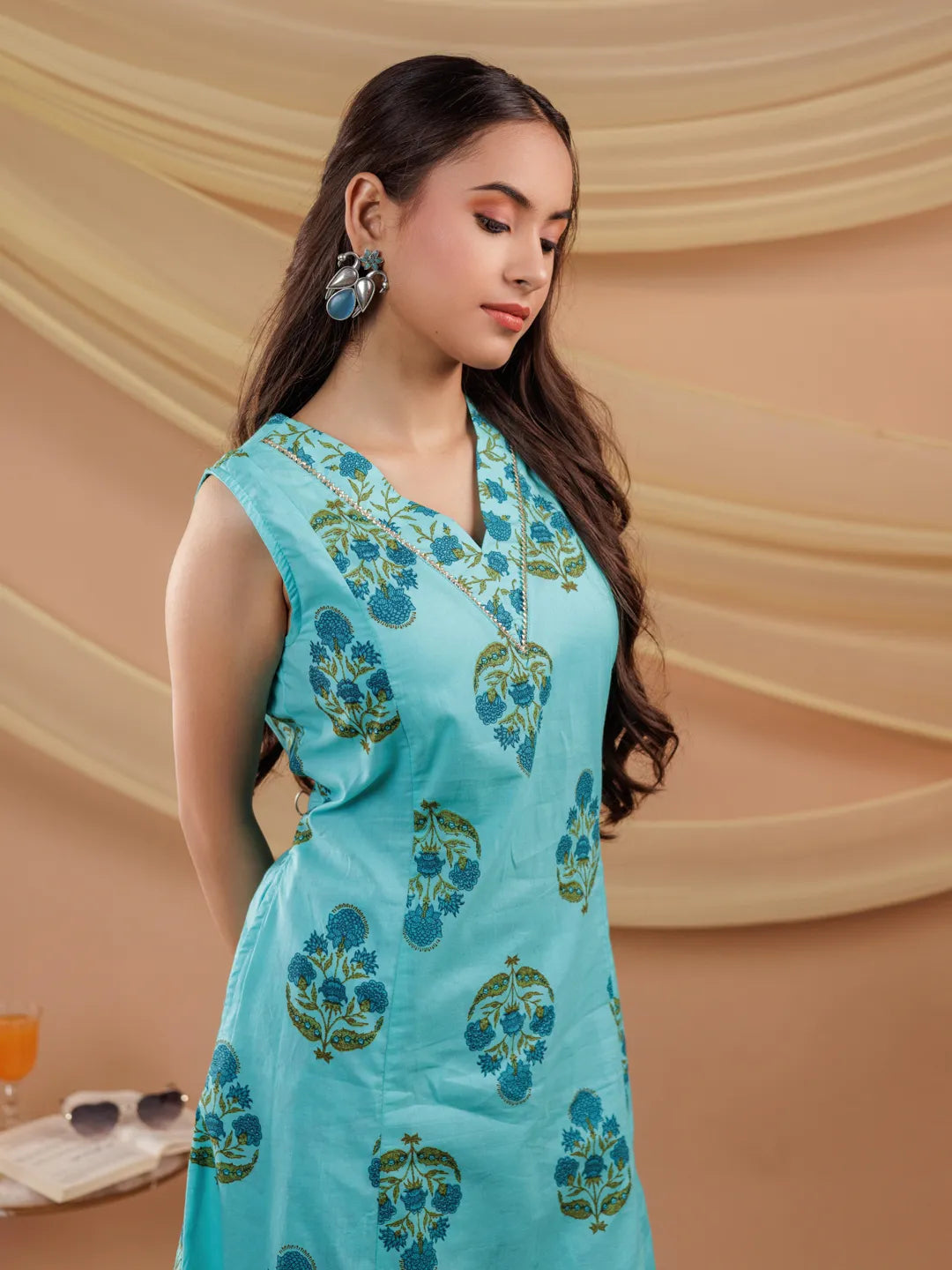 Yufta Blue Floral Print Pure Cotton A-Line Kurta Dupatta Set