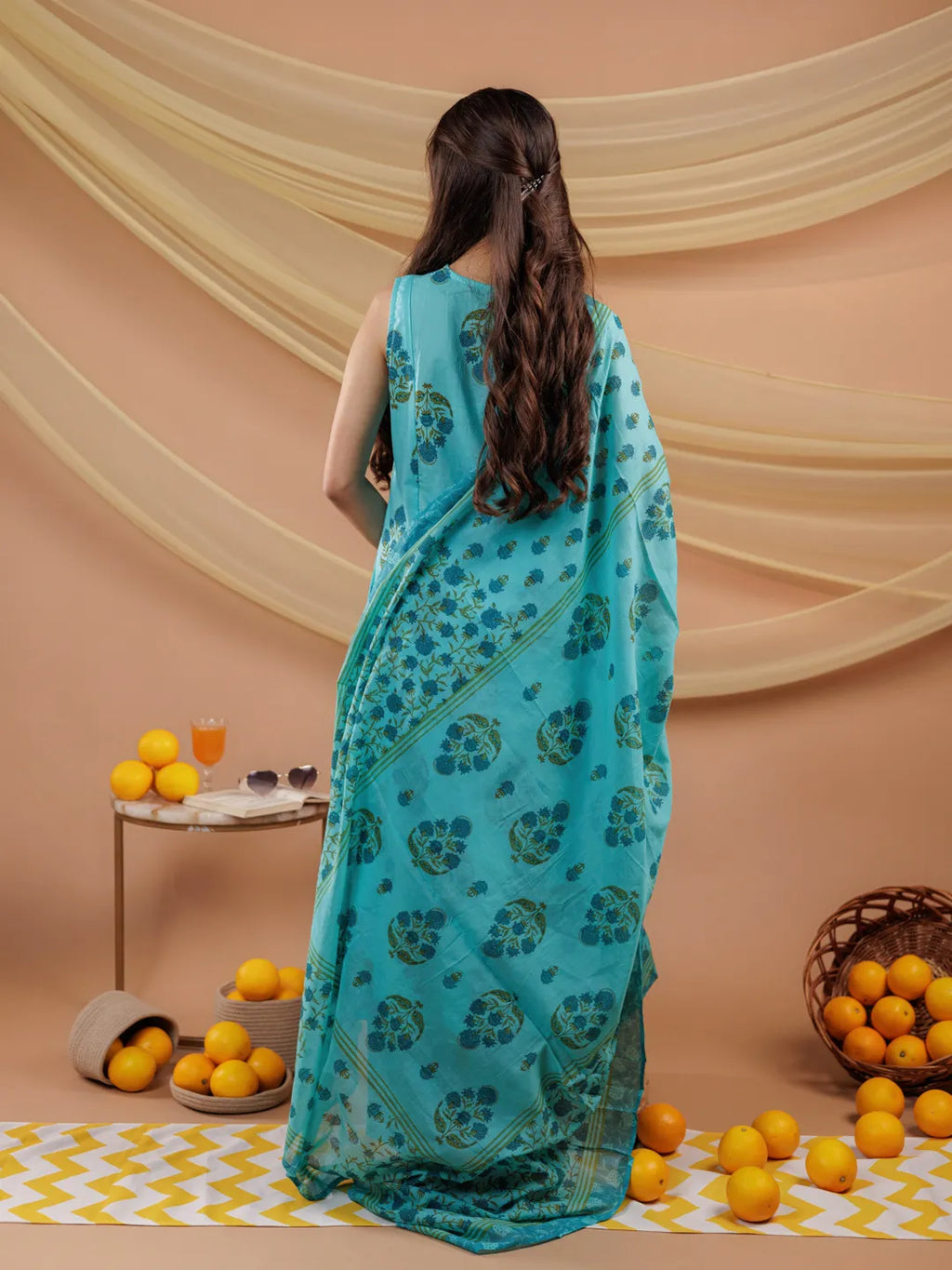 Yufta Blue Floral Print Pure Cotton A-Line Kurta Dupatta Set