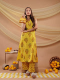 Yufta Mustard Floral_Print Pure Cotton A-Line Kurta Dupatta Set