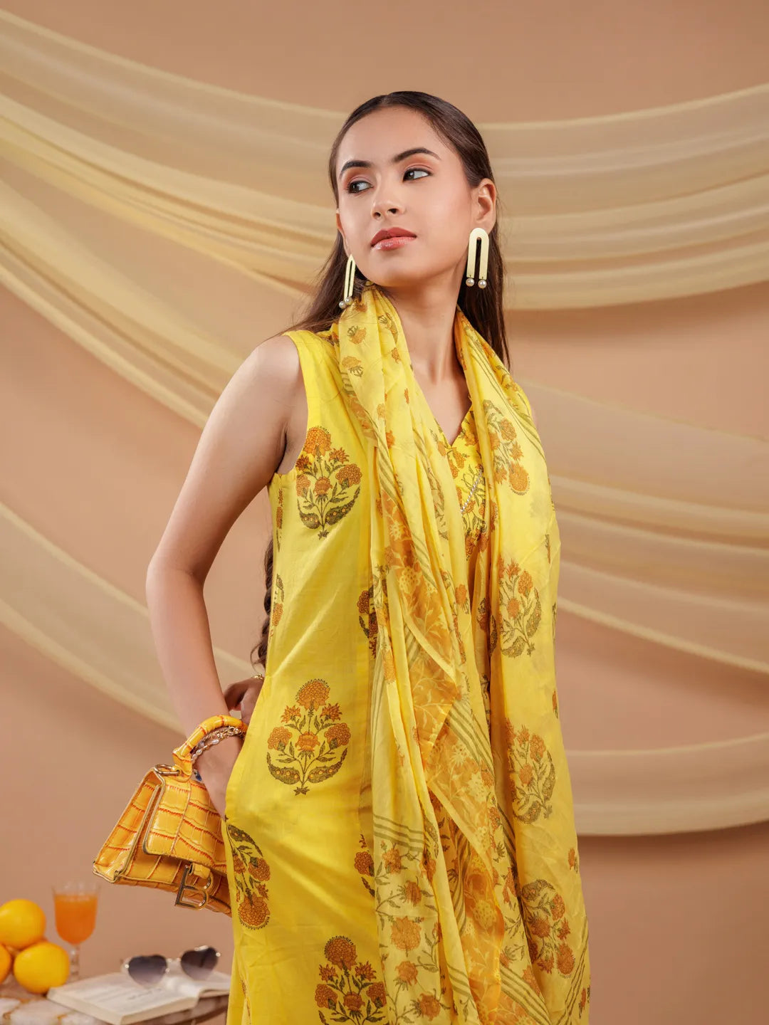 Yufta Mustard Floral_Print Pure Cotton A-Line Kurta Dupatta Set